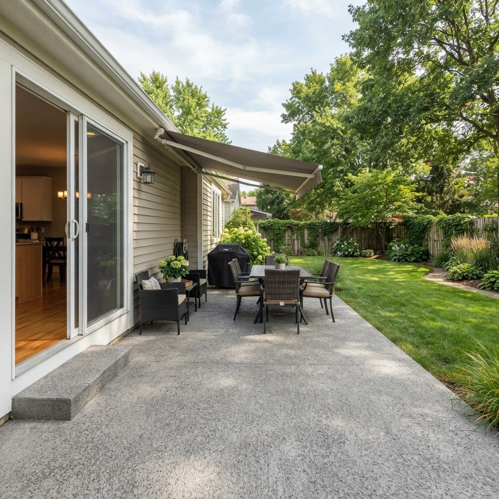 Gray broom-finish concrete patio off a sliding door in a Clay Township backyard