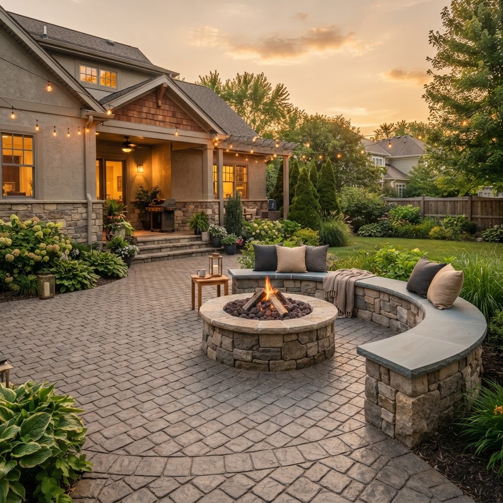 Colored stamped concrete patio with seat wall behind a Carmel, IN house