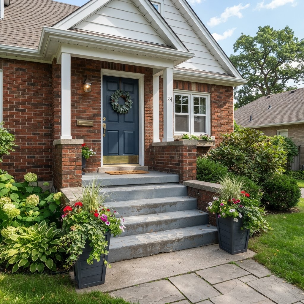 Concrete steps and landing at the front door of a Carmel home
