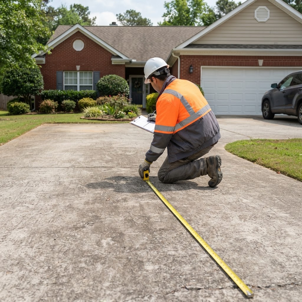 Contractor measuring an existing driveway for a free concrete estimate in Carmel, IN