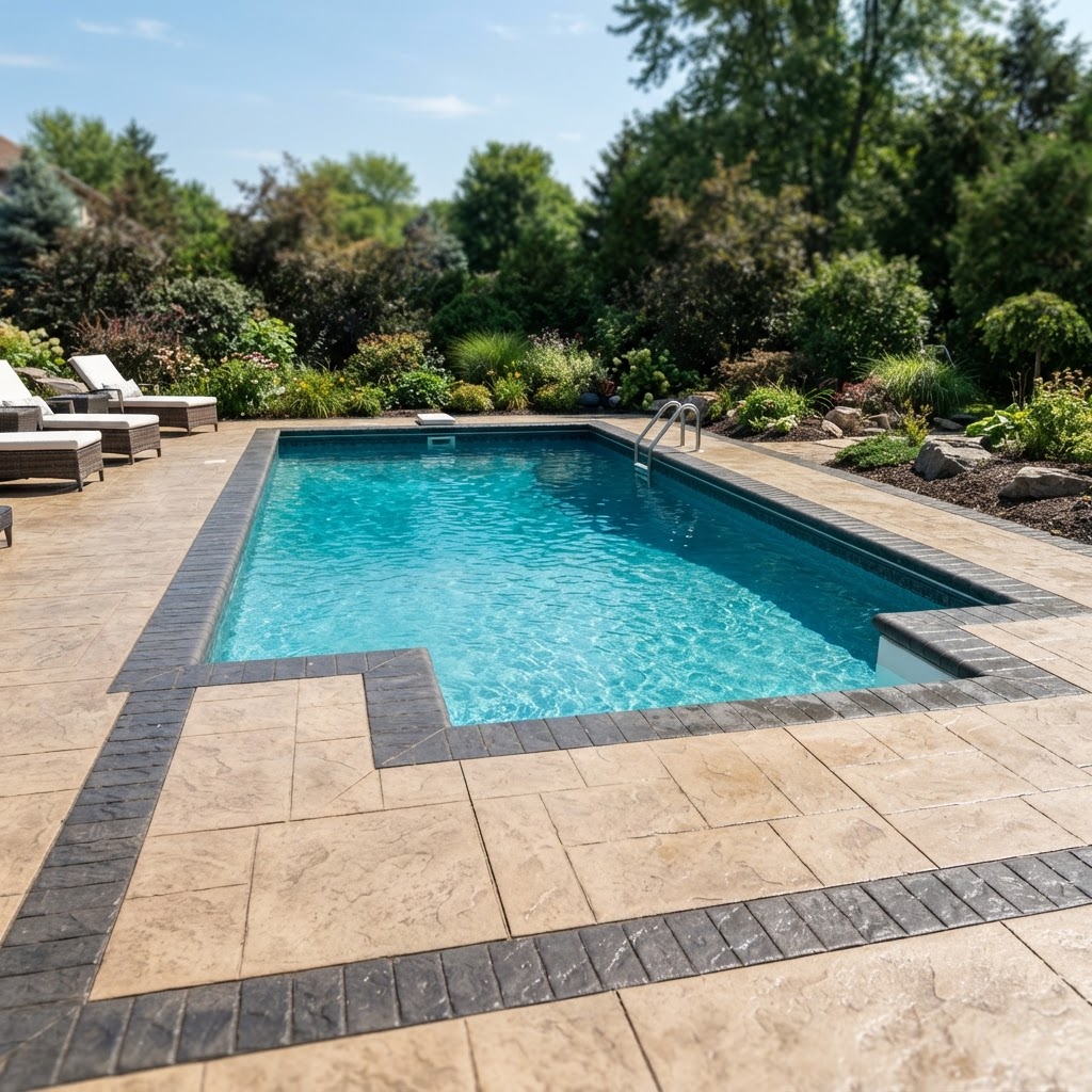 Colored stamped concrete pool deck with contrasting border