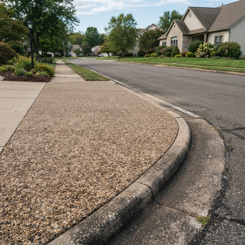 Exposed aggregate concrete driveway apron meeting a curb in Carmel, Indiana