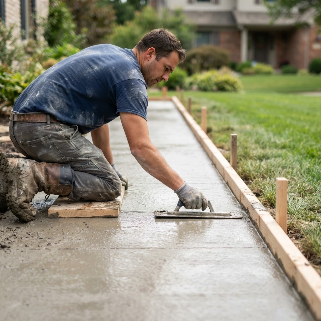 Concrete finisher troweling a new walkway in a Clay Township neighborhood