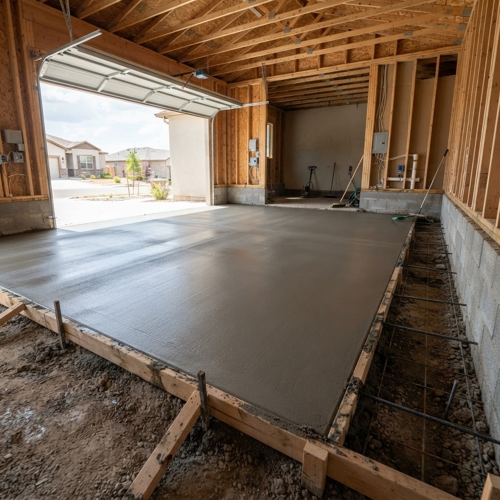 Freshly poured concrete garage floor slab in Carmel, IN