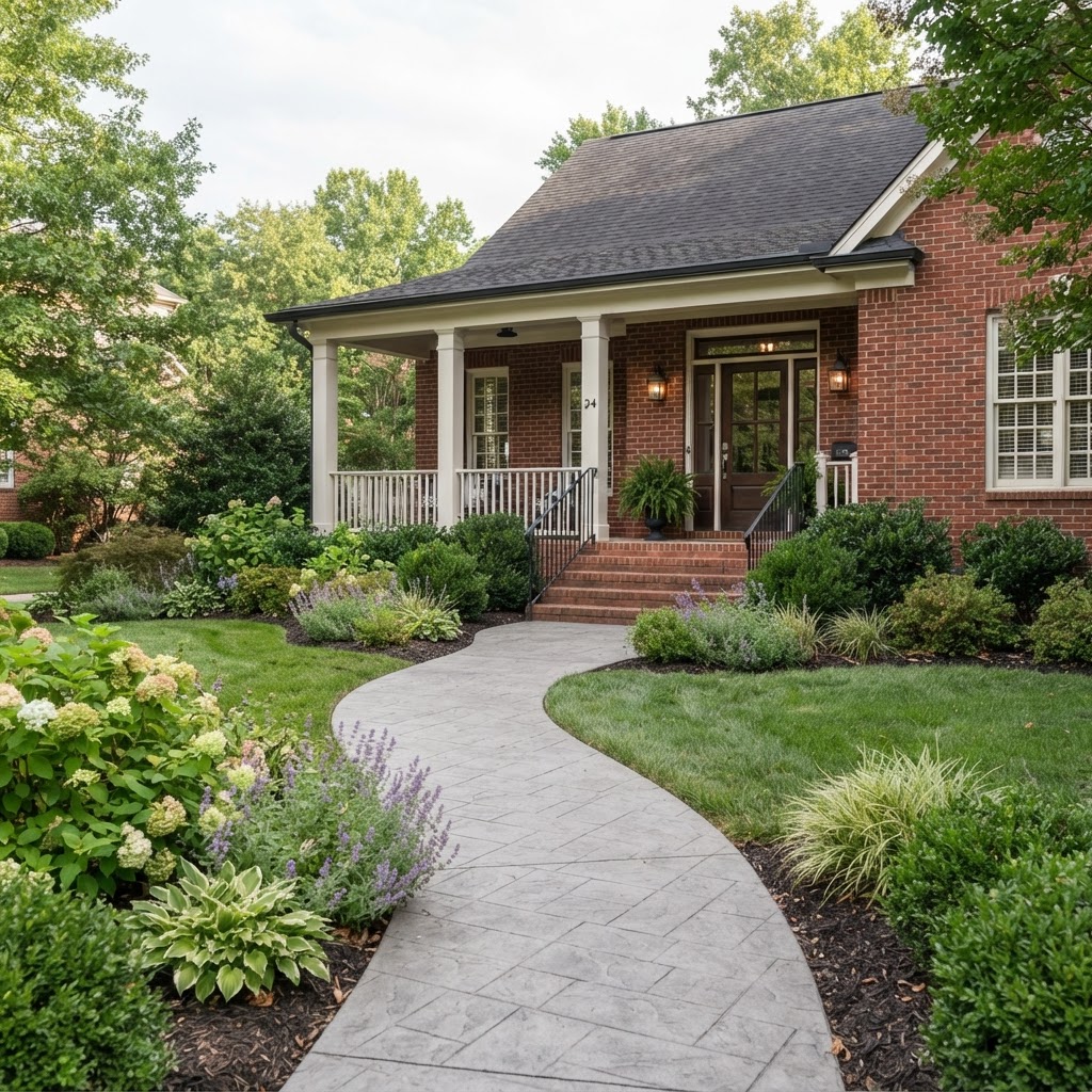 Curved concrete front walk leading to a covered porch in Carmel, Indiana