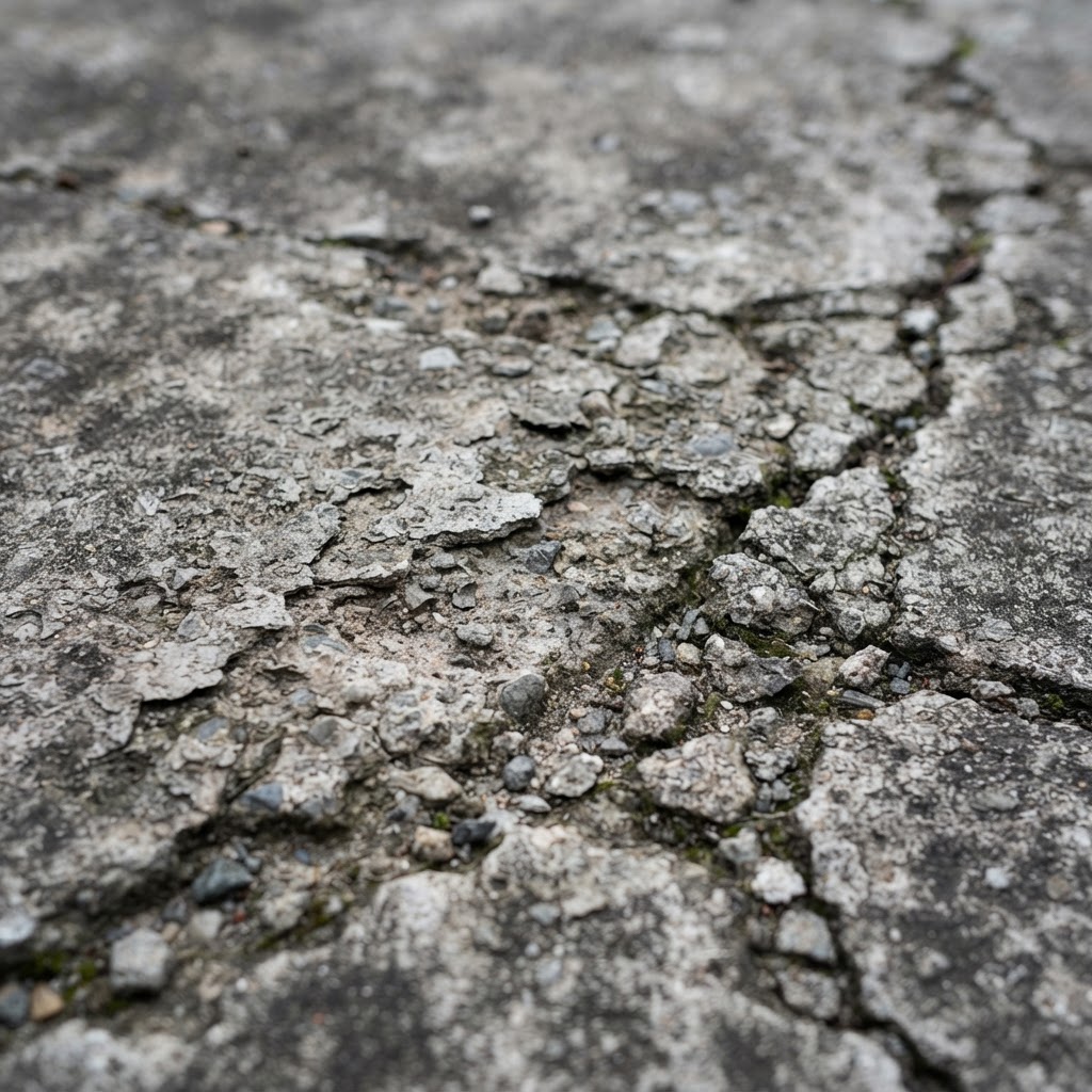 Flaking, spalled concrete surface before resurfacing