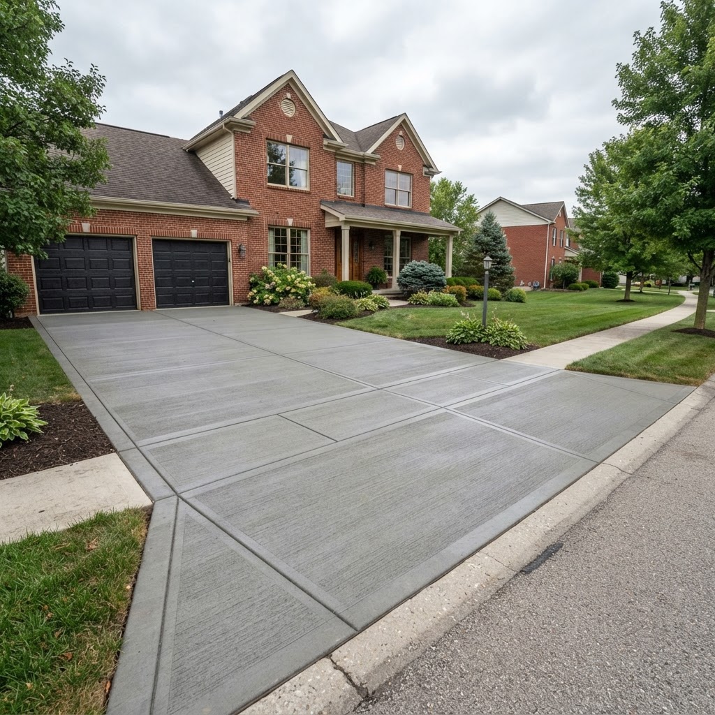 Broom-finish concrete driveway in front of a brick home in Carmel, Indiana