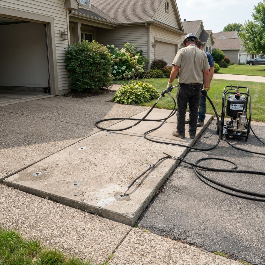 Sunken concrete driveway panel being lifted level in Carmel, IN