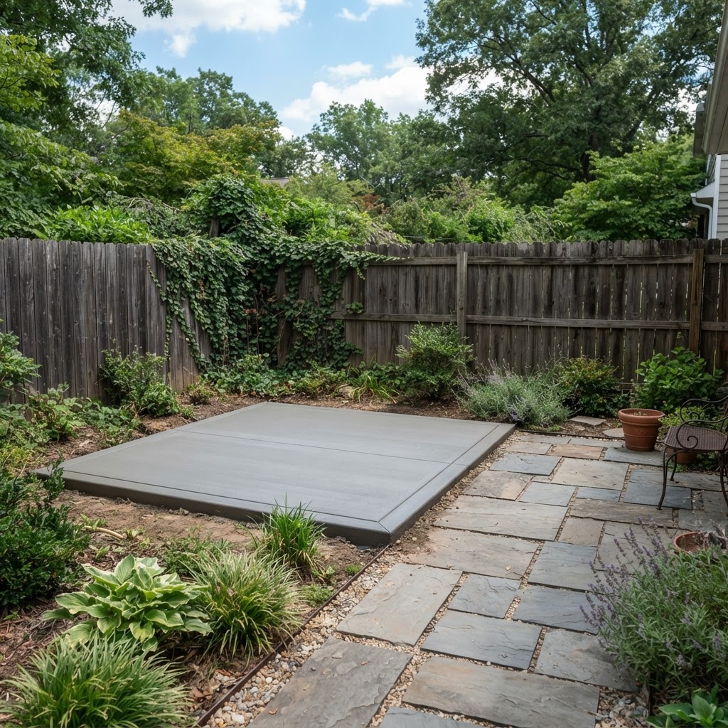 Concrete hot tub pad next to a backyard patio