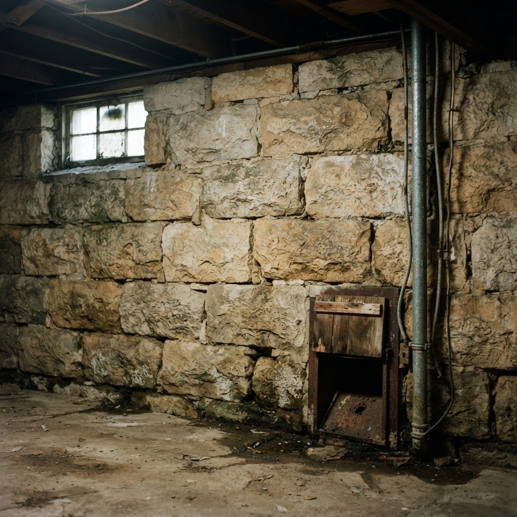 Limestone-block foundation wall in an older Bloomington, Indiana home