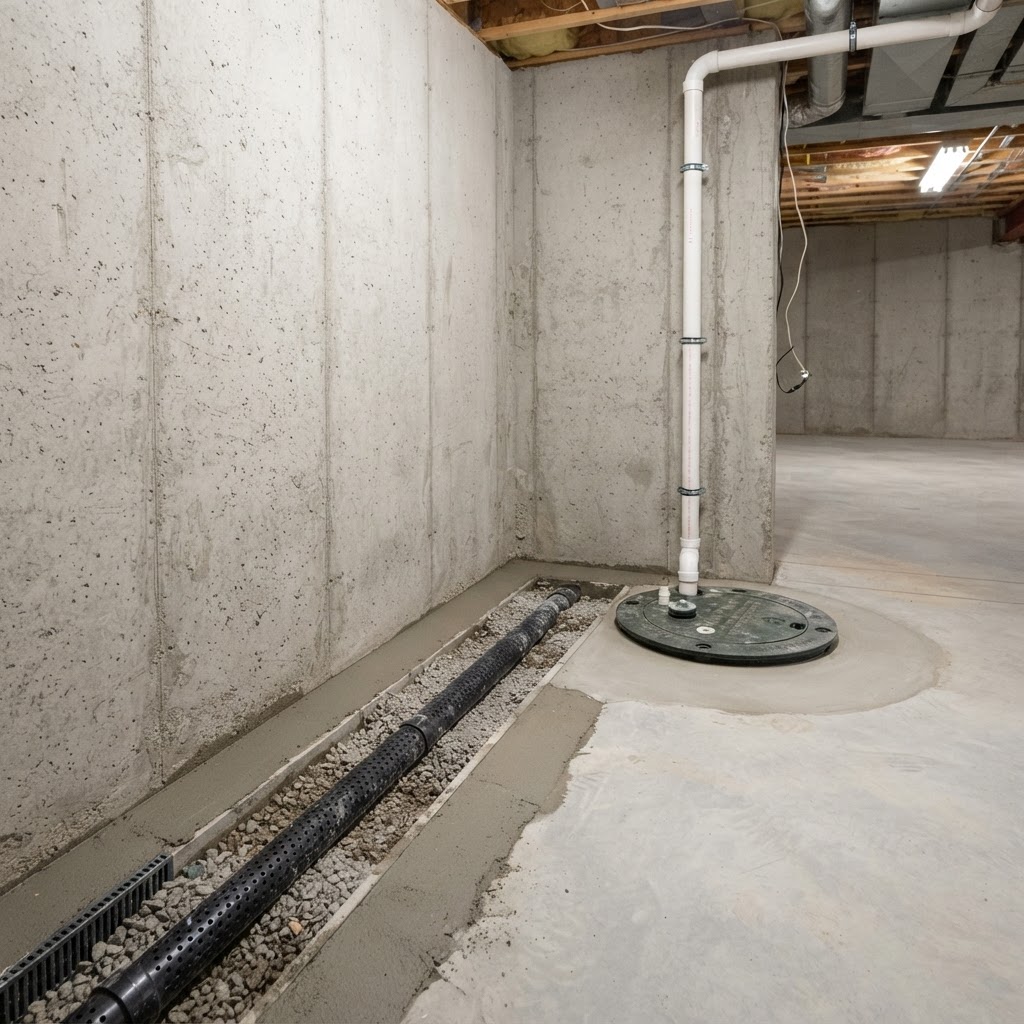 Interior drain channel and sump basin along a basement wall in Monroe County
