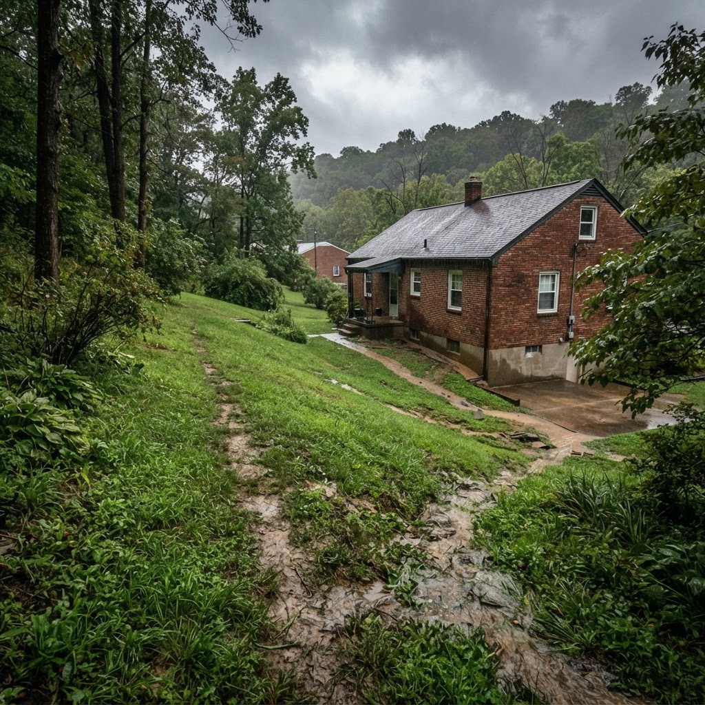 Hillside backyard sloping toward a house, sending runoff at the foundation