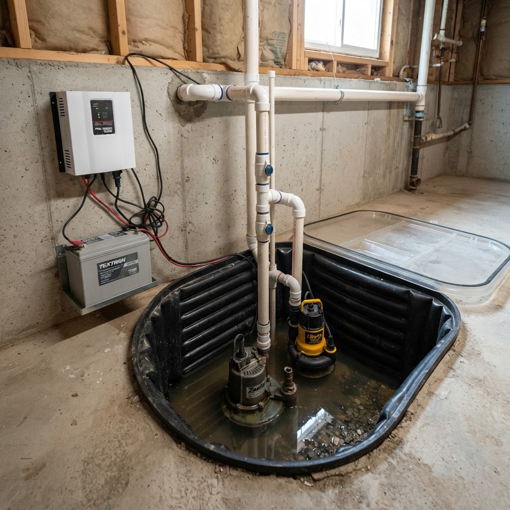 Sump basin with discharge pipe exiting through a basement rim joist