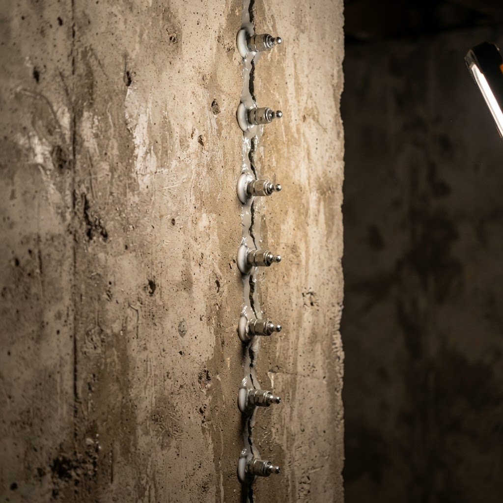 Vertical crack in a poured concrete basement wall with injection ports installed