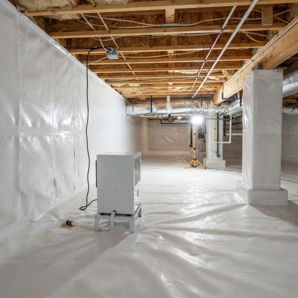 White reinforced vapor barrier lining a sealed crawl space in Monroe County