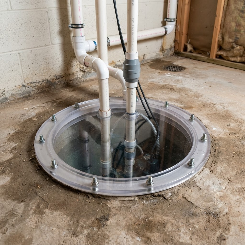 Sealed clear sump lid on a basement floor