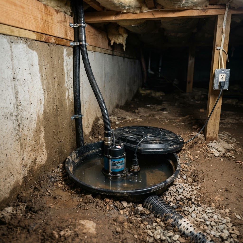 Small sump pit installed in a crawl space corner