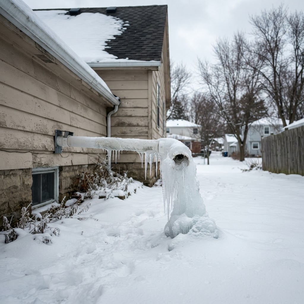 Frozen sump discharge line outside a house in winter