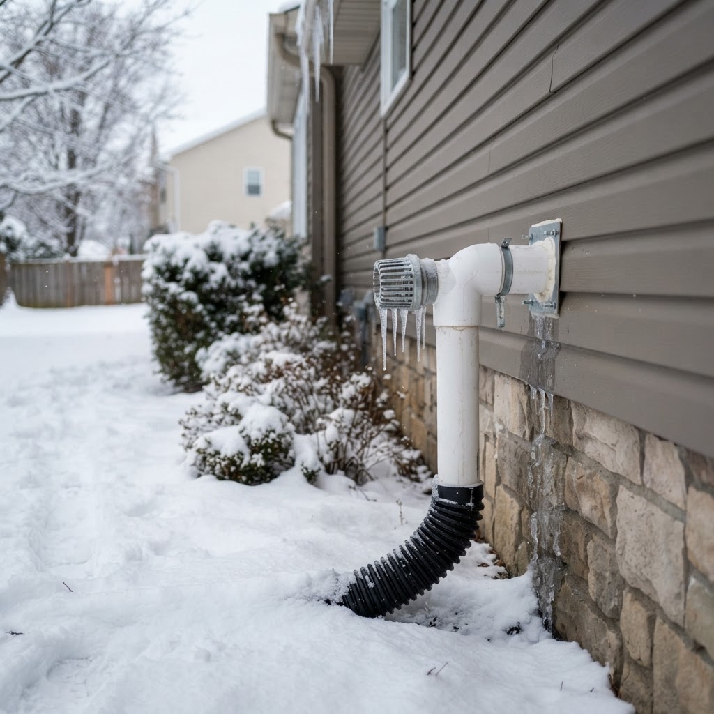 Sump discharge pipe with freeze-protection fitting outside a house in winter