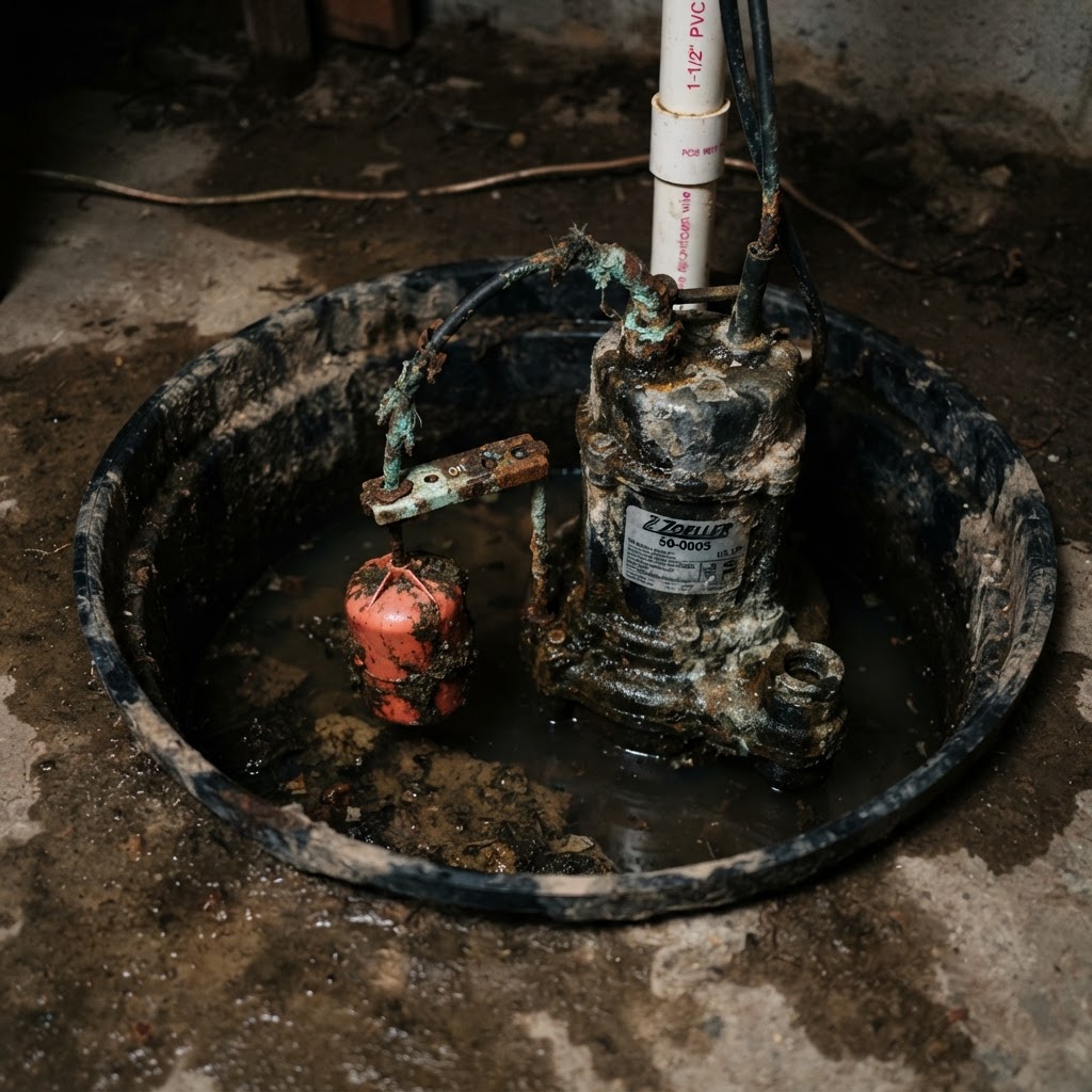 Sump pump with a corroded float switch in a South Bend basement