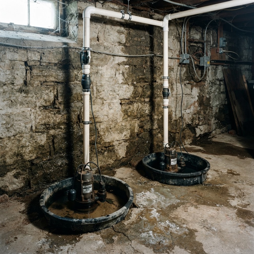 Two sump basins in a basement with a high water table