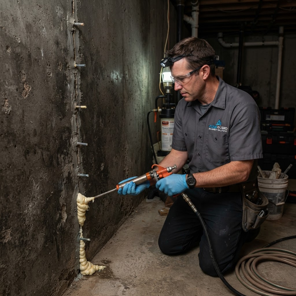 Technician injecting polyurethane foam into a poured wall crack