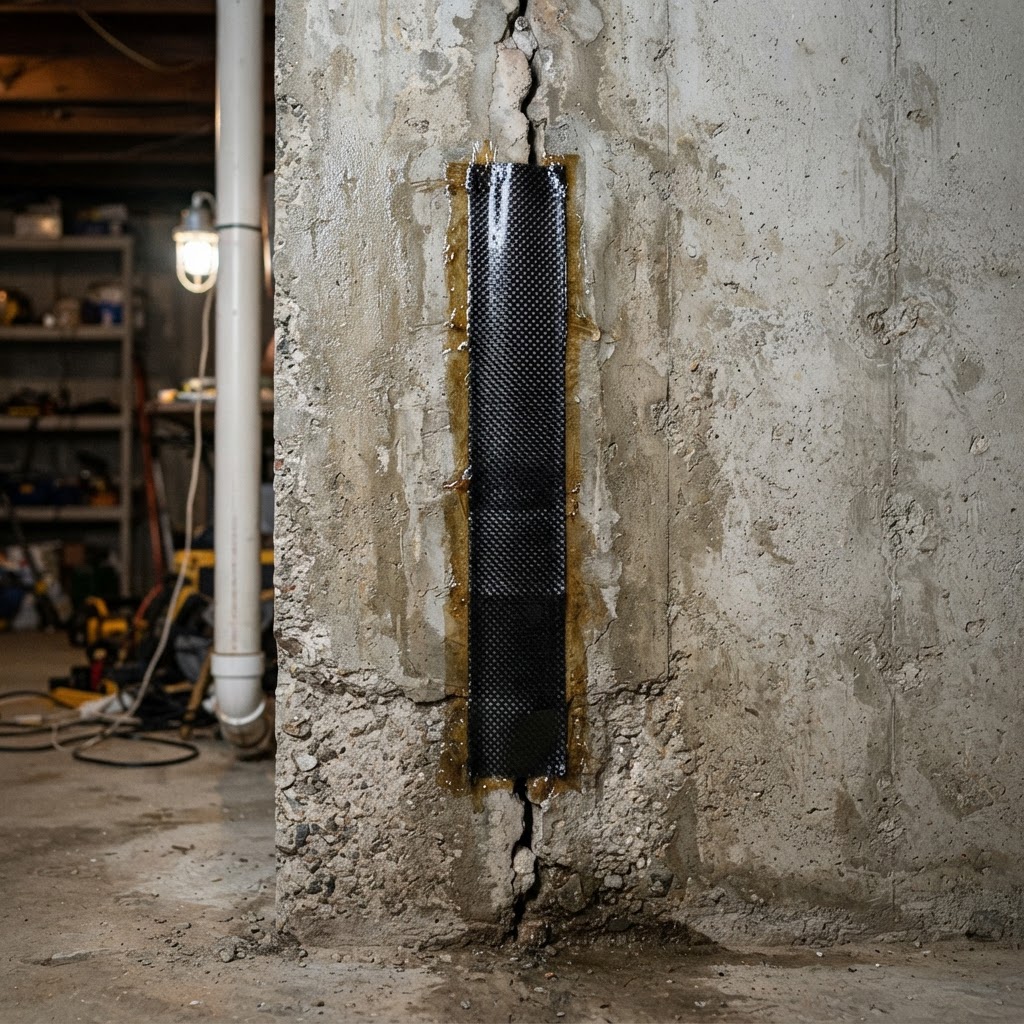 Carbon fiber strap bonded across a basement wall crack