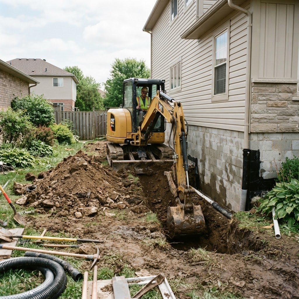 Excavator digging along a block foundation for exterior waterproofing