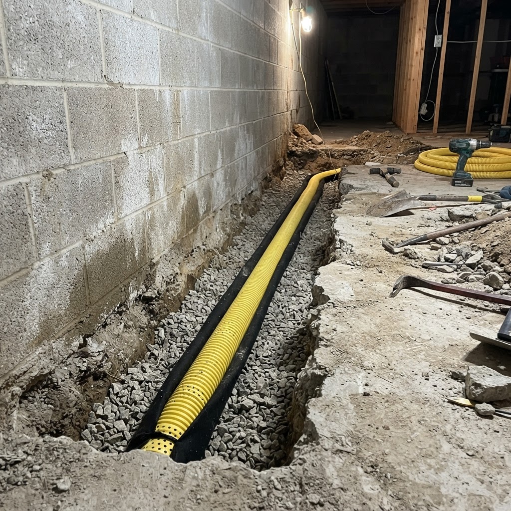 Perforated drain pipe in a gravel trench inside a South Bend basement