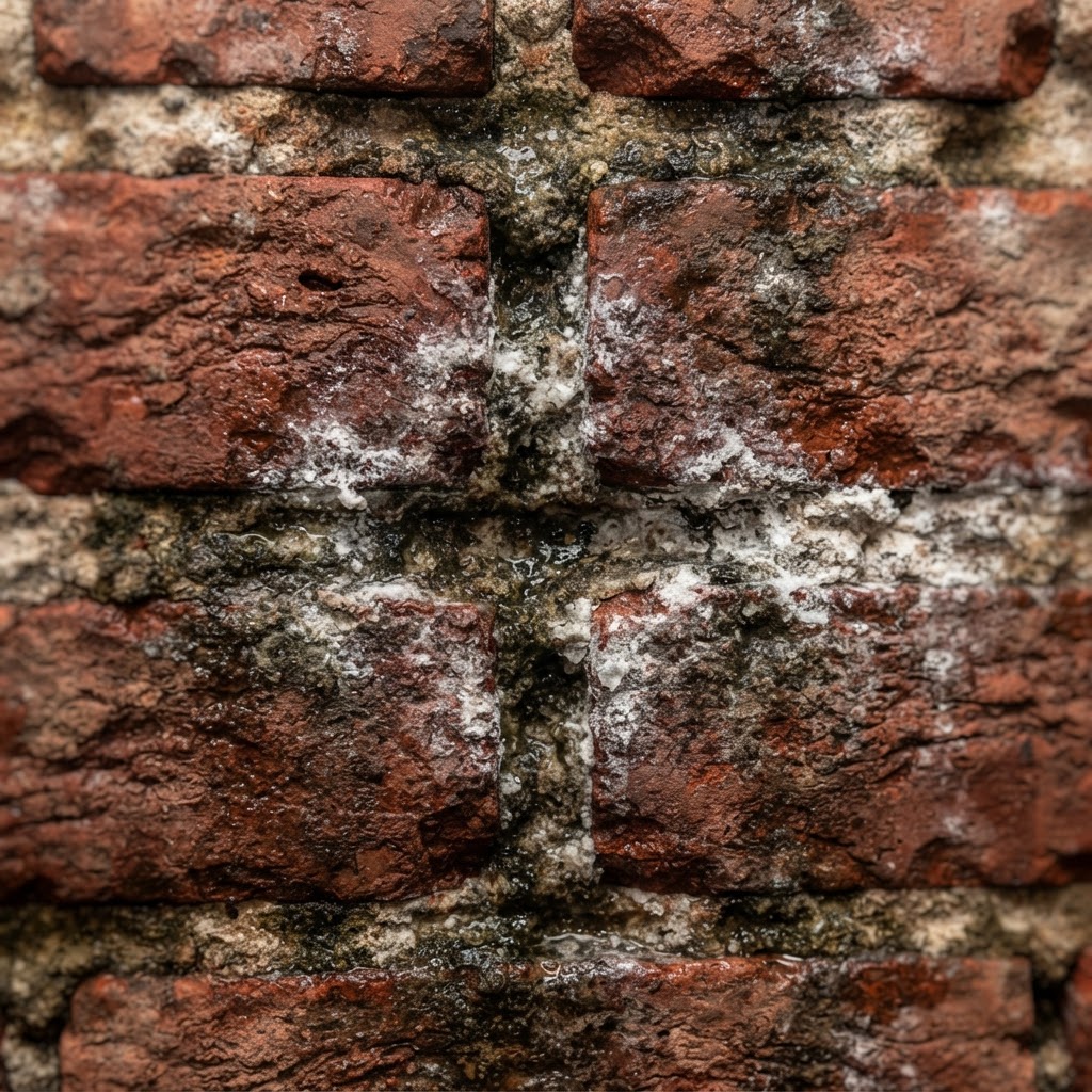 Damp mortar joints on an old brick basement wall