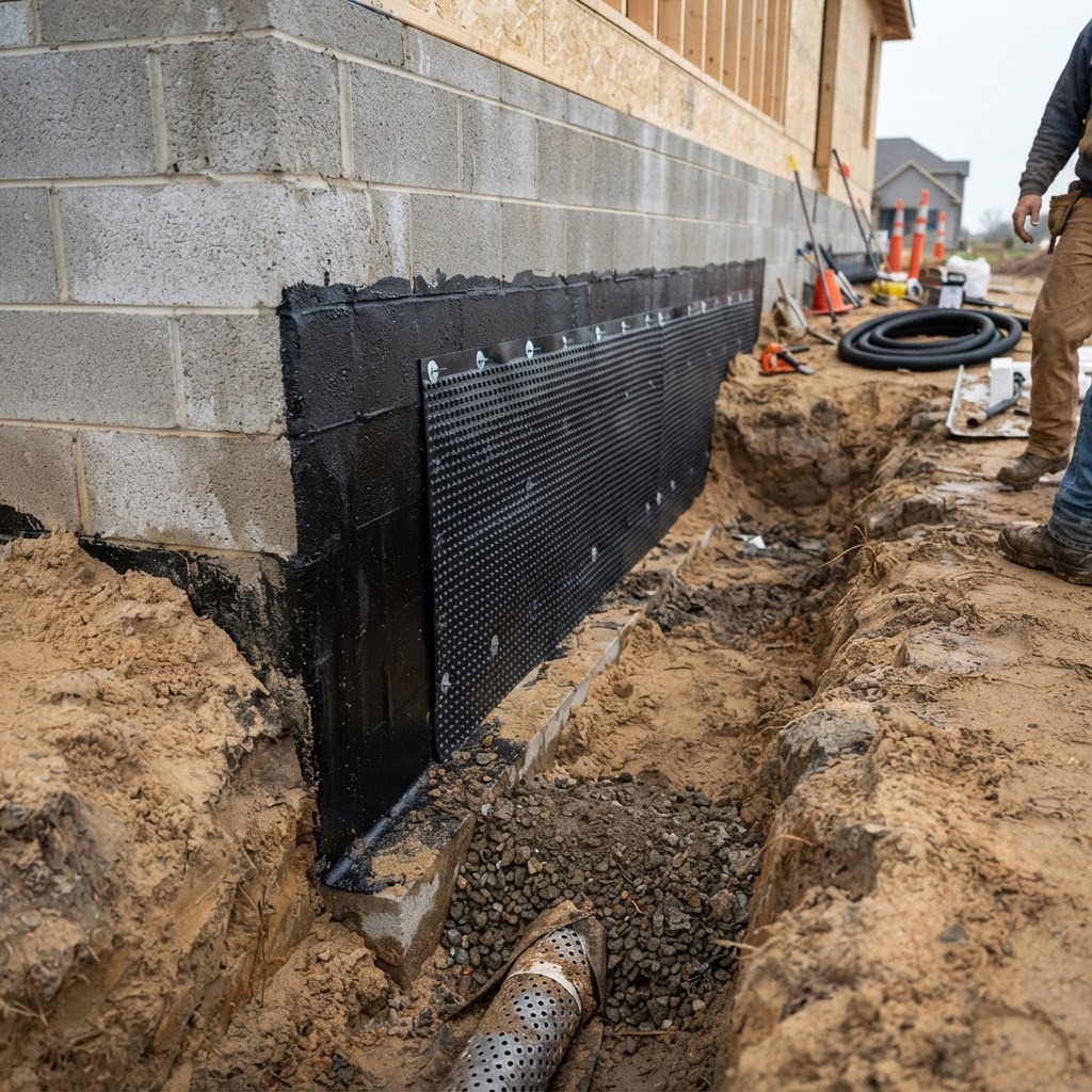 Rubberized waterproofing membrane and drainage board on a block wall