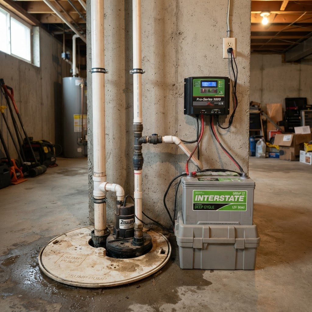 Battery backup pump and charger next to a sump pit