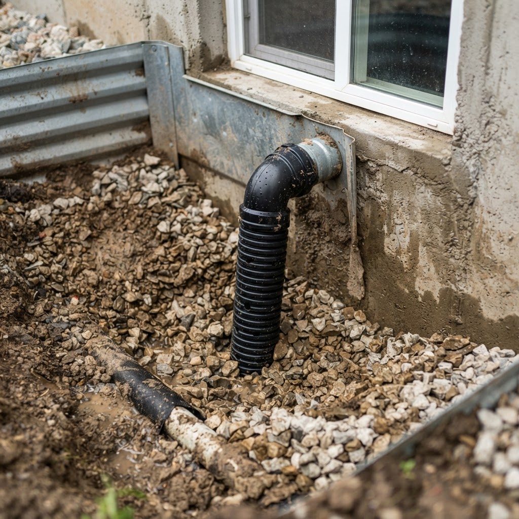 Window well drain connected to stone and drain tile below