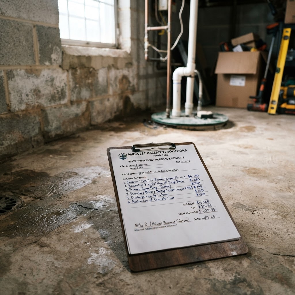 Itemized waterproofing estimate on a clipboard in a South Bend basement