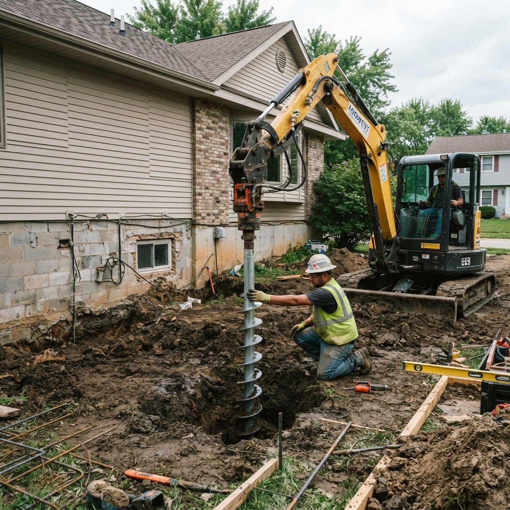 Helical pier being installed next to a foundation