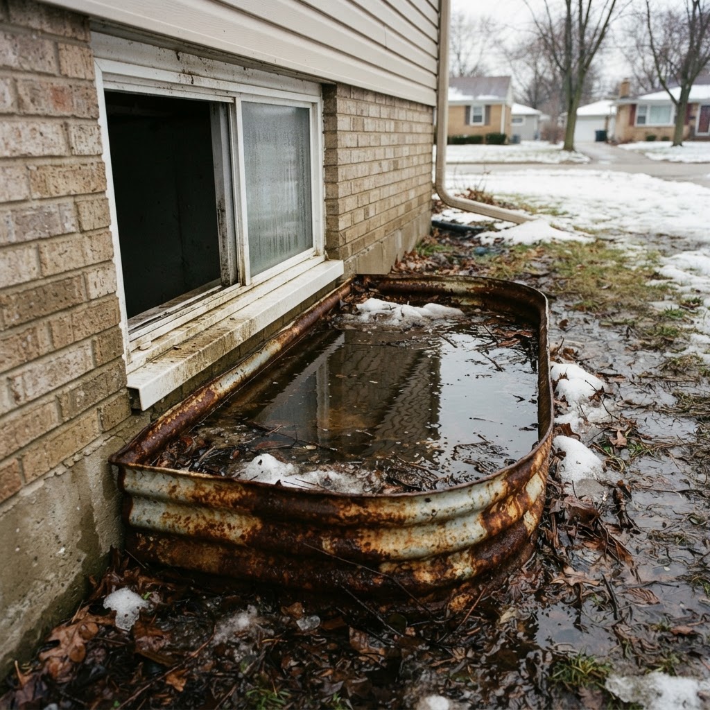 Flooded basement window well after a South Bend thaw