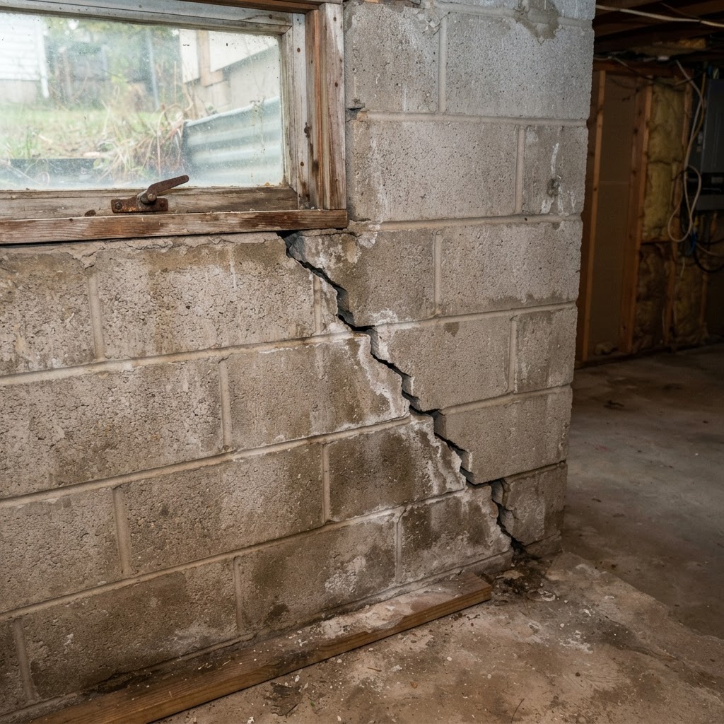 Settlement crack running diagonally from a basement window in South Bend, IN