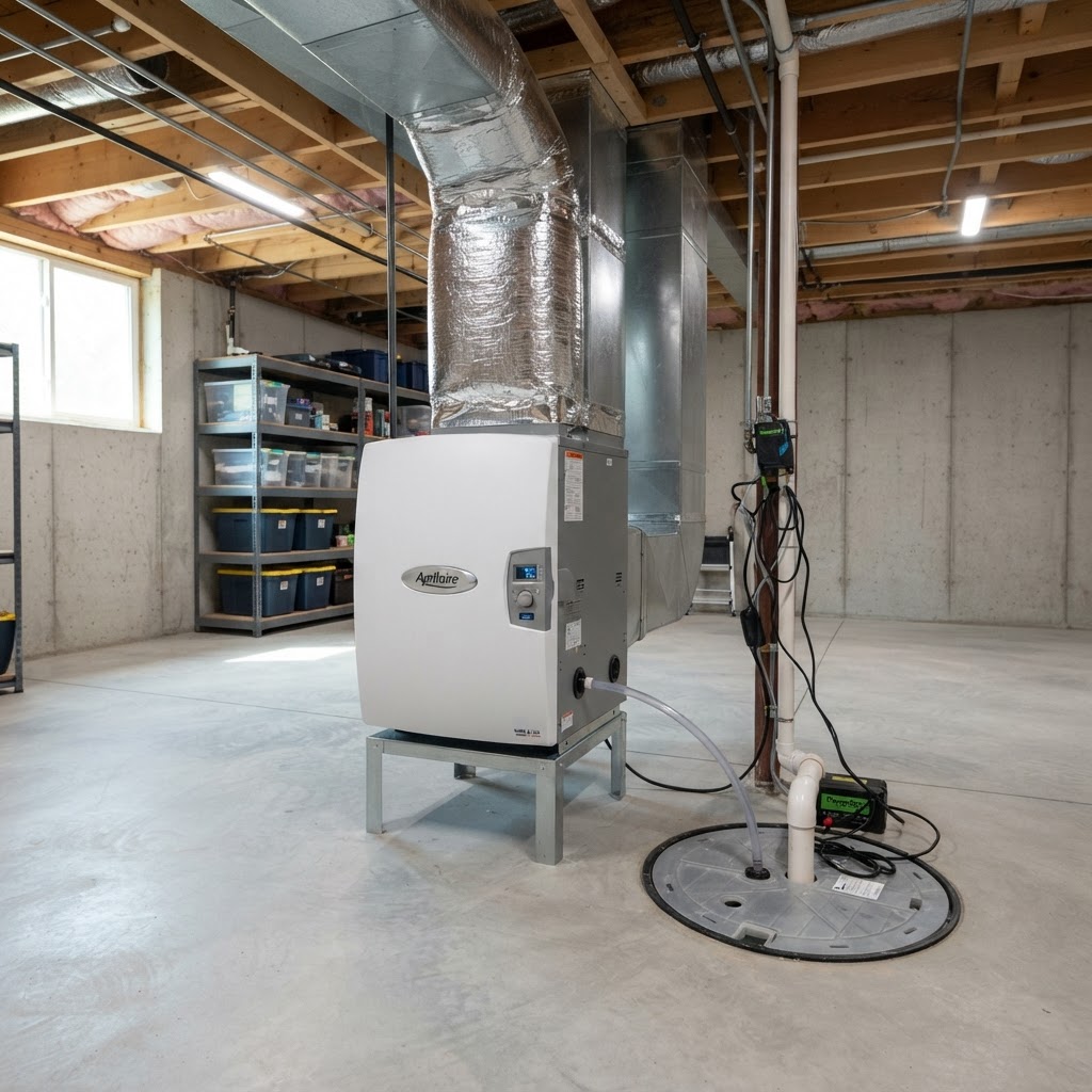 Whole-basement dehumidifier ducted near a sump pit
