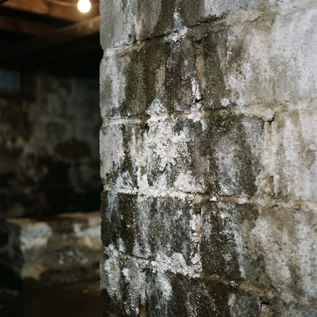 Efflorescence and damp staining on a basement block wall