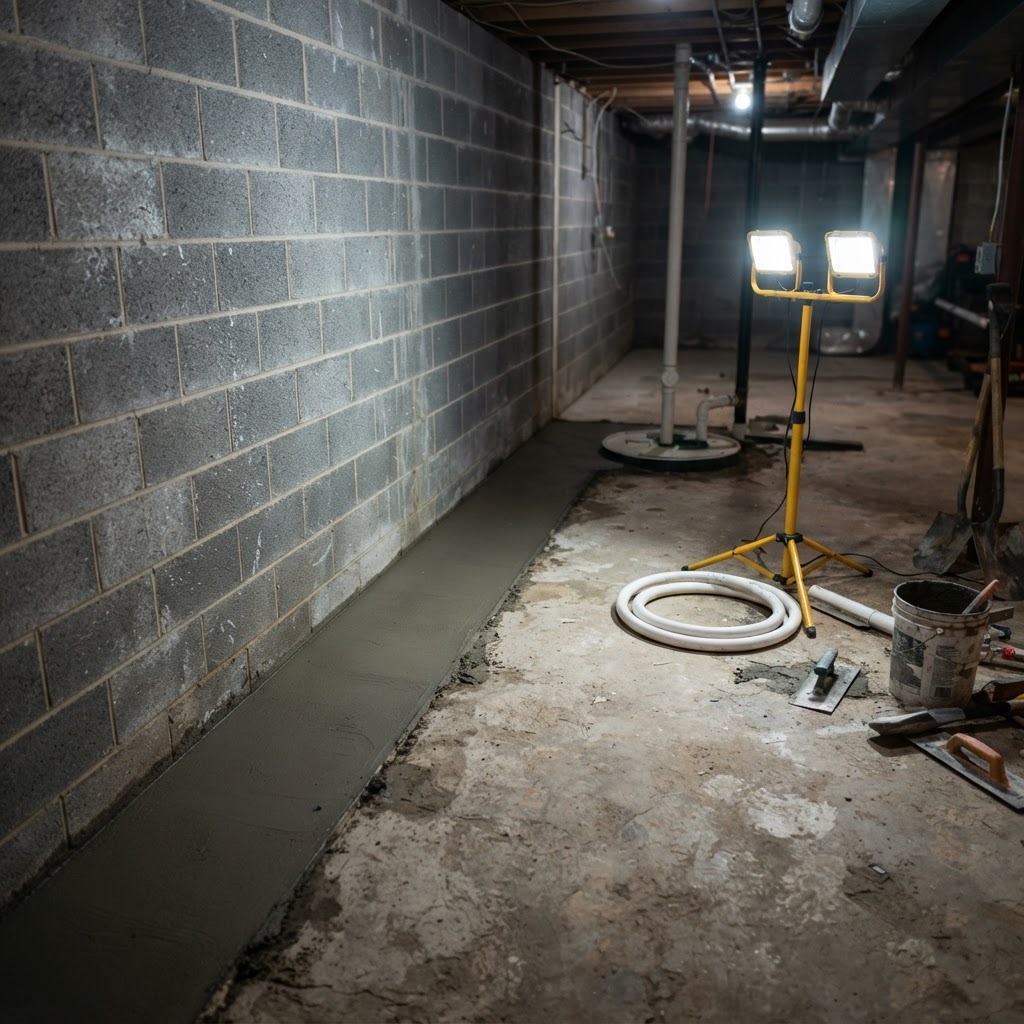 Freshly poured floor patch over new interior drain tile in a Michiana basement