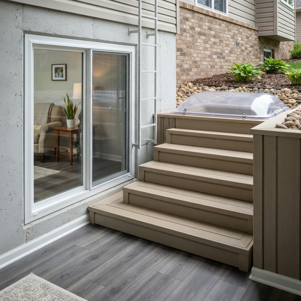 Egress window with a terraced well and clear cover