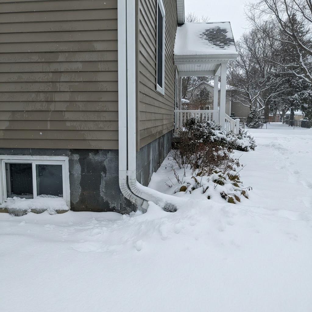 Downspout buried in snow next to a house foundation in winter