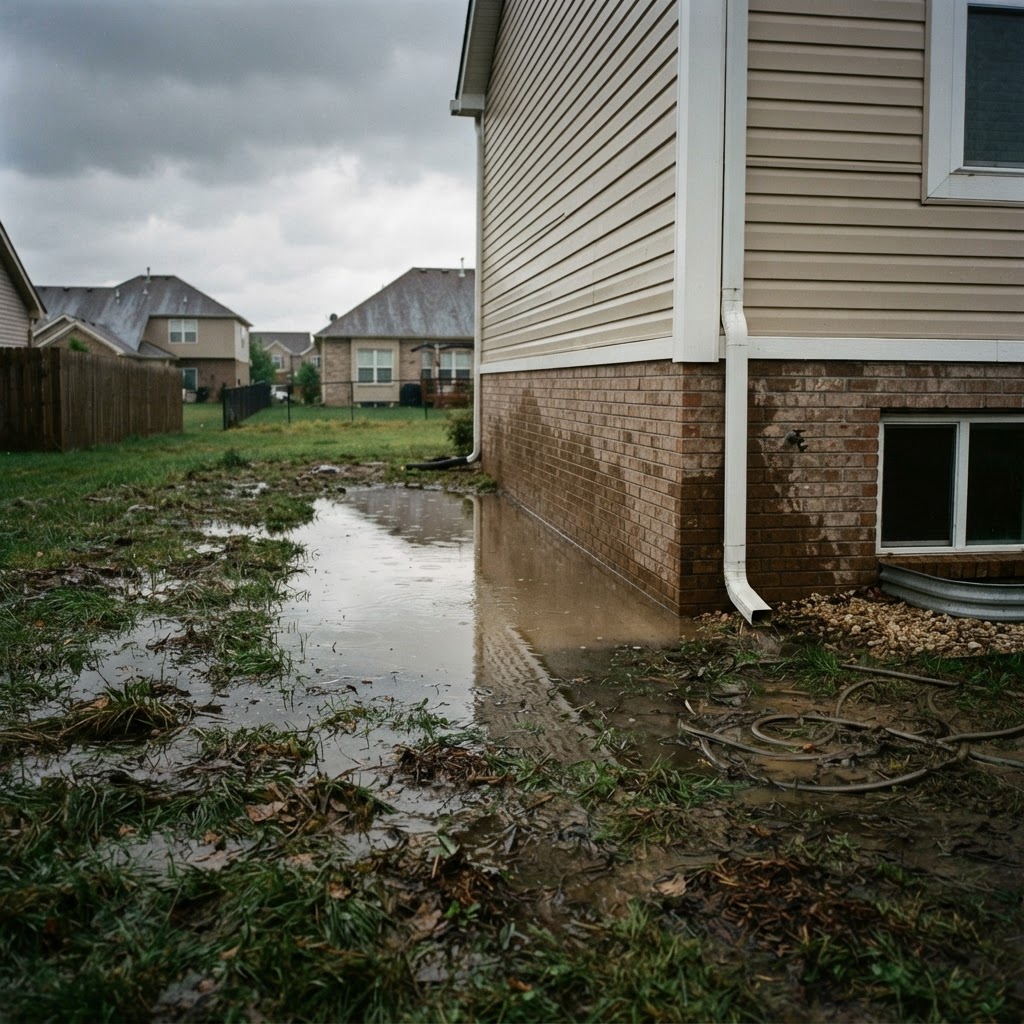Standing water near a foundation after rain