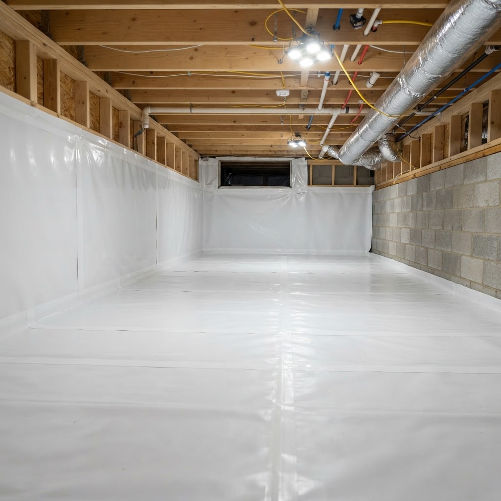 Encapsulated crawl space with sealed liner under a South Bend addition