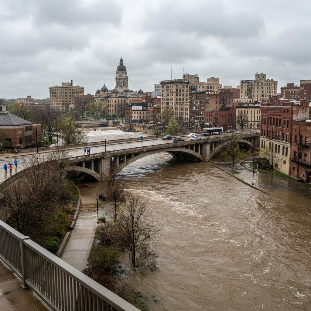 St. Joseph River running high through downtown South Bend in spring