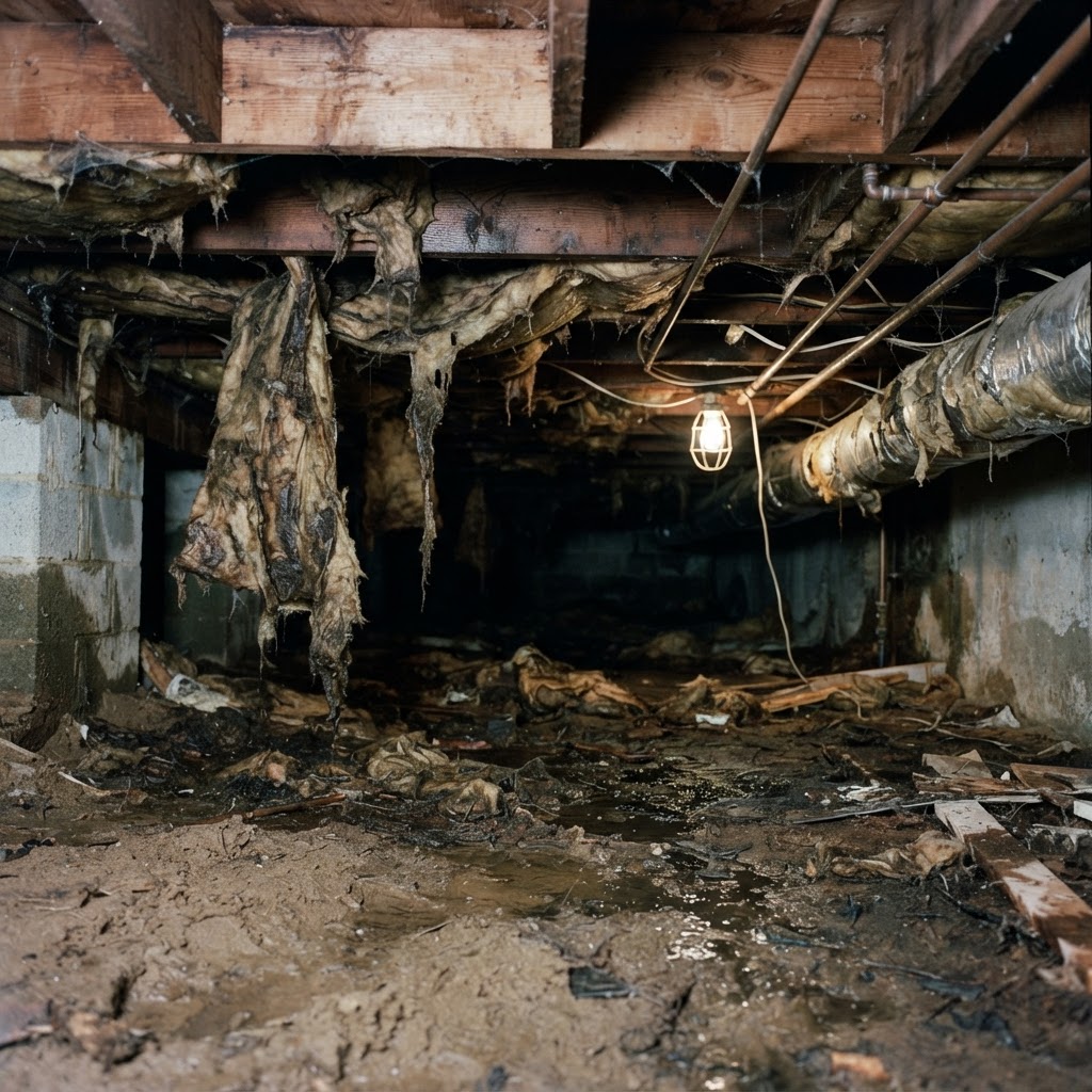 Crawl space with damp sand floor and old fiberglass insulation hanging down