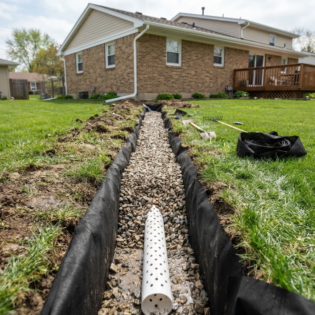 French drain trench with gravel and perforated pipe in a South Bend yard