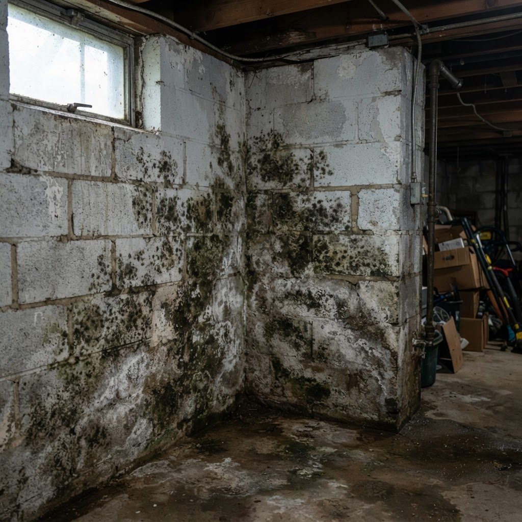 Mold spots on a basement wall in a South Bend, IN home