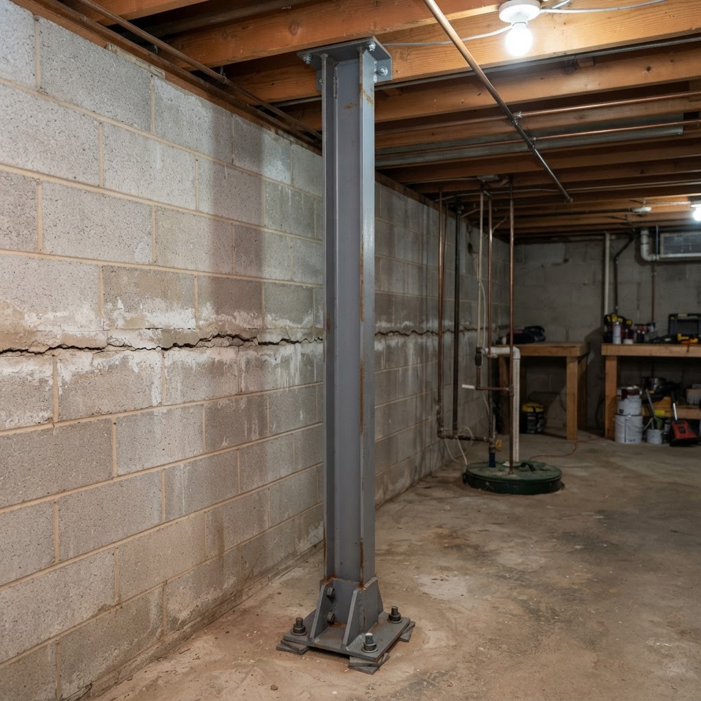 Steel wall brace anchored between basement floor and joists