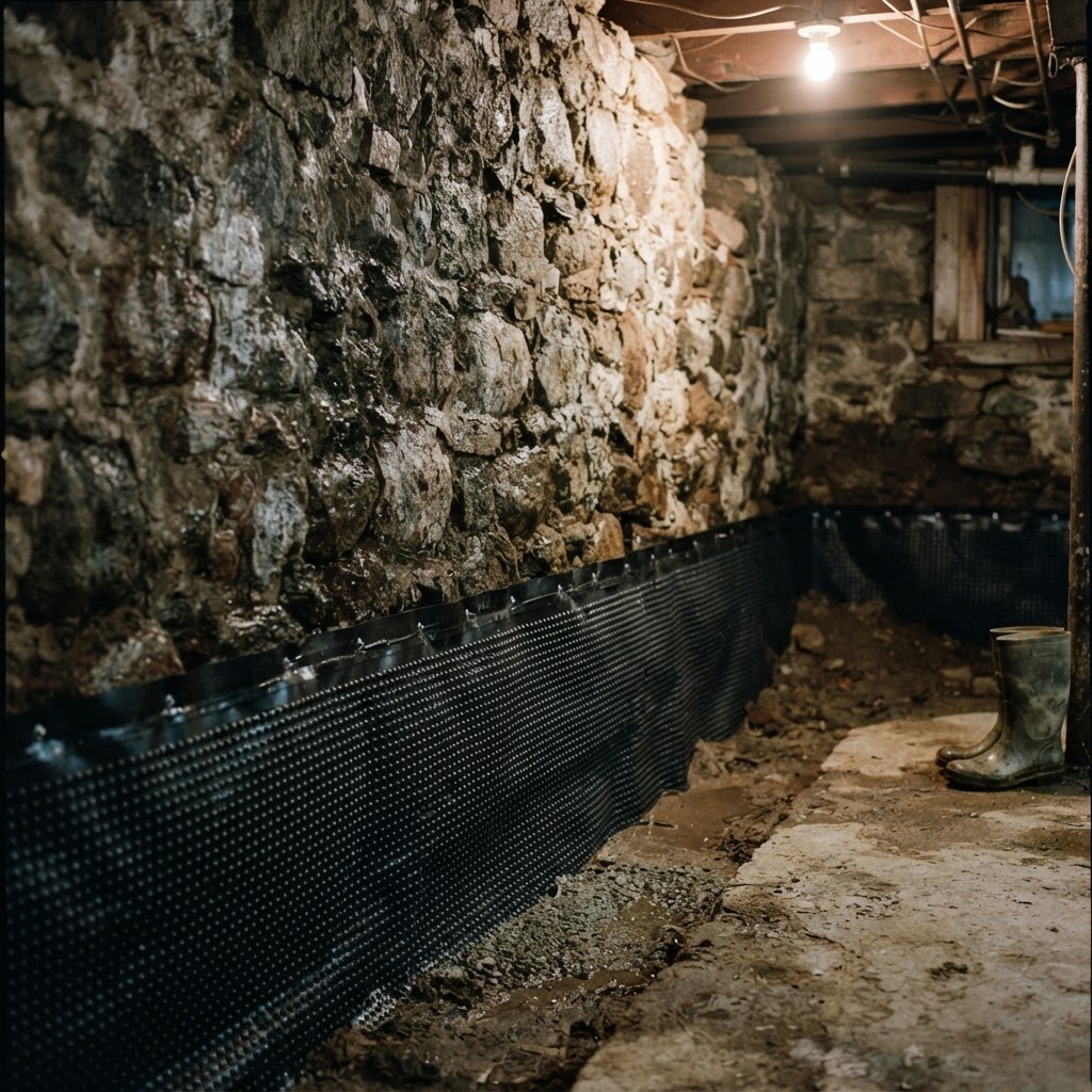 Fieldstone basement wall with plastic drainage sheeting at the base